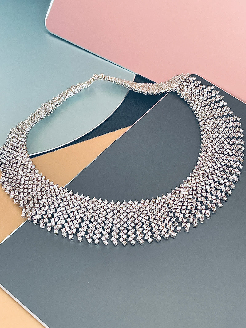 EVANGELINE - 16" Small 1000s Round CZ Necklace In Silver - JohnnyB Jewelry