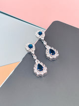 LILIANA - 15.5" Stunning Sapphire Blue Pear-Shaped CZ Choker Necklace With Matching Drop Earrings In Silver - JohnnyB Jewelry