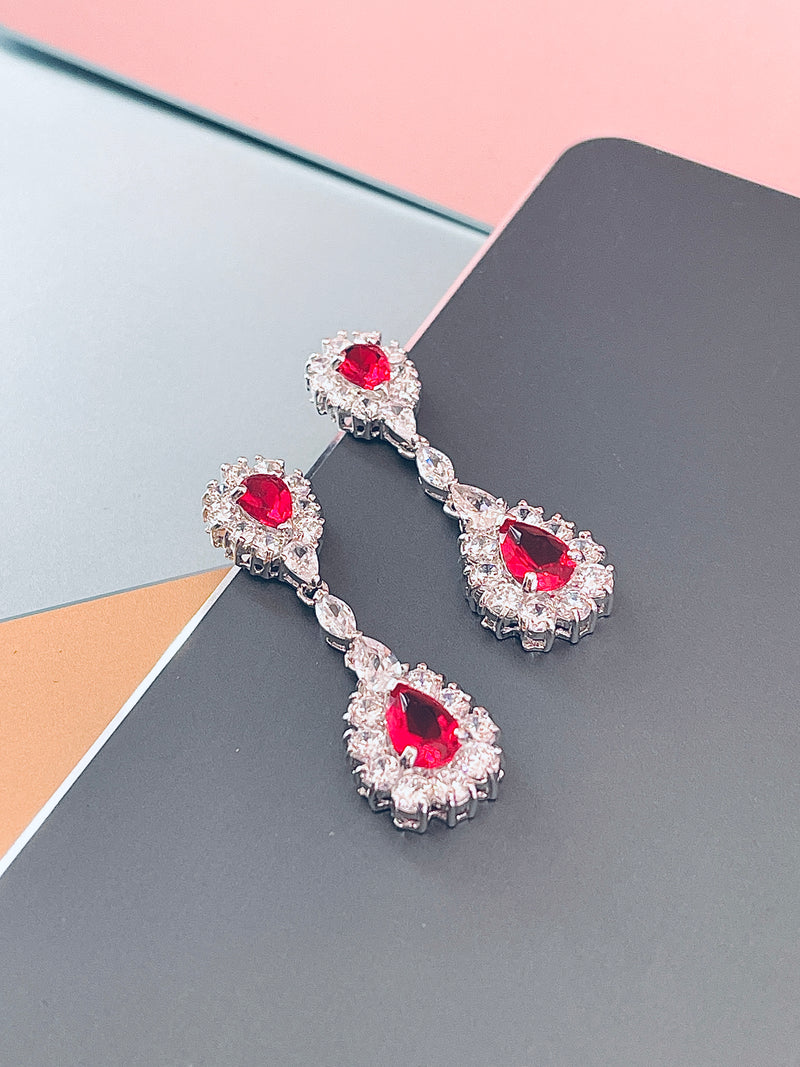 LILIANA - 15.5" Stunning Red Pear-Shaped CZ Choker Necklace With Matching Drop Earrings In Silver - JohnnyB Jewelry