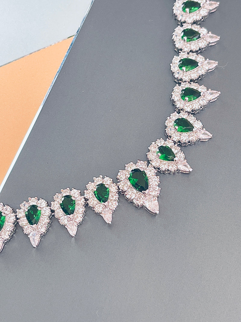 LILIANA - 15.5" Stunning Emerald Green Pear-Shaped CZ Choker Necklace With Matching Drop Earrings In Silver - JohnnyB Jewelry