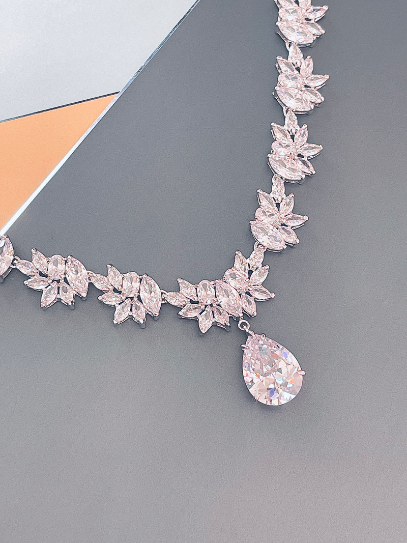 MARIANNA - 16" Embellished CZ Necklace With Teardrop Pendant And Matching Drop Earrings In Silver - JohnnyB Jewelry