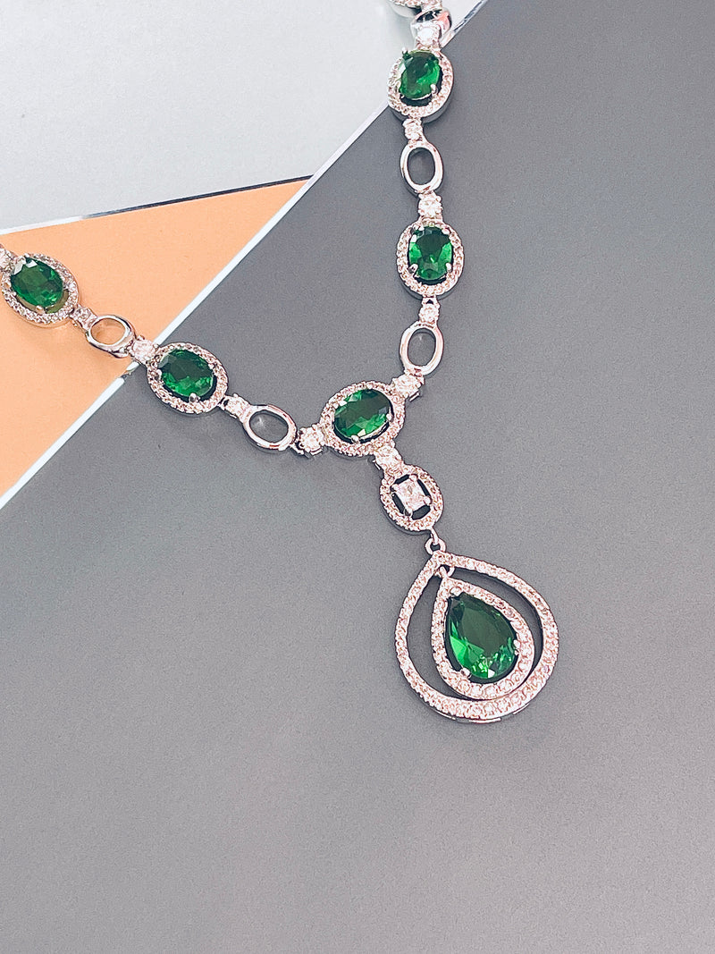 OCTAVIA - 16" Emerald Green CZ Teardrop Necklace With Matching Drop Earrings In Silver - JohnnyB Jewelry