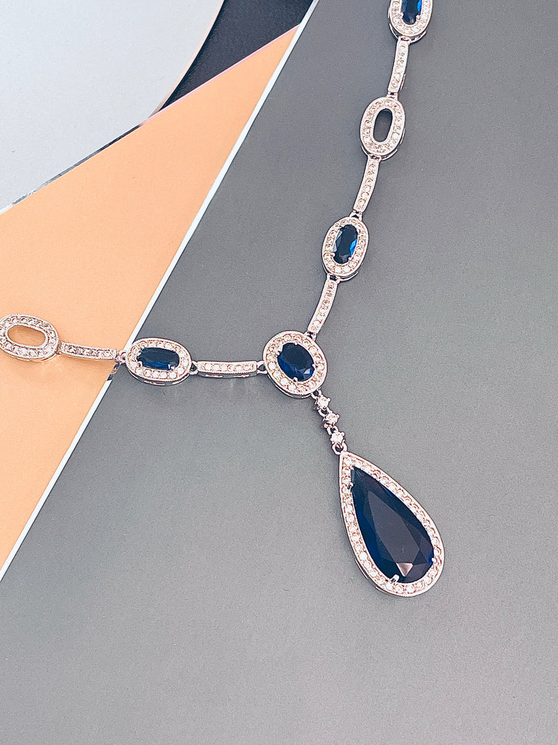 STEPHANIE - Sapphire Blue CZ Link Necklace With Large Teardrop Pendant And Matching Drop Earrings In Silver - JohnnyB Jewelry