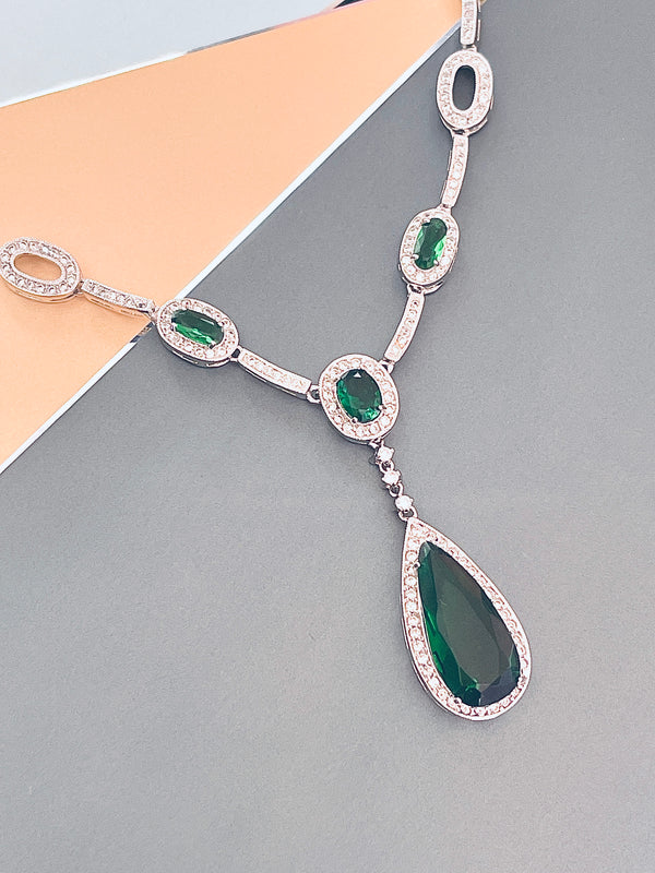 STEPHANIE - Emerald Green CZ Link Necklace With Large Teardrop Pendant And Matching Drop Earrings In Silver - JohnnyB Jewelry