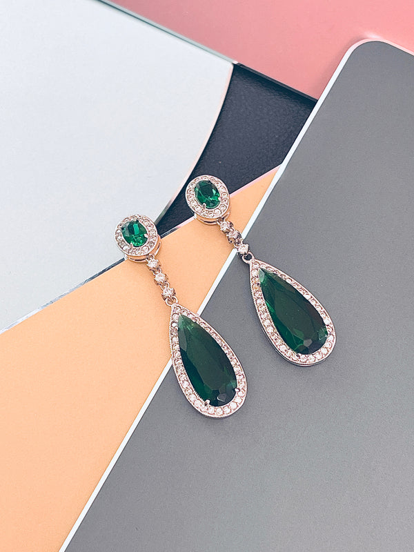 STEPHANIE - Emerald Green CZ Link Necklace With Large Teardrop Pendant And Matching Drop Earrings In Silver - JohnnyB Jewelry