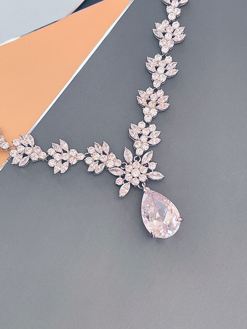 VALENTINA - 16.5" Sparkling CZ Necklace With Teardrop Pendant And Matching Drop Earrings In Silver - JohnnyB Jewelry