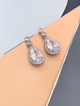 ANTOINETTE - 16" Clear CZ Teardrop Dangle Necklace With Matching Drop Earrings In Silver - JohnnyB Jewelry