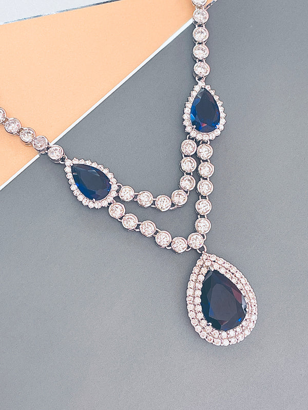 ANTOINETTE - 16" Sapphire Blue CZ Teardrop Dangle Necklace With Matching Drop Earrings In Silver - JohnnyB Jewelry