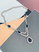 ANTOINETTE - 16" Sapphire Blue CZ Teardrop Dangle Necklace With Matching Drop Earrings In Silver - JohnnyB Jewelry