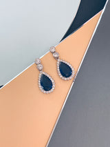 ANTOINETTE - 16" Sapphire Blue CZ Teardrop Dangle Necklace With Matching Drop Earrings In Silver - JohnnyB Jewelry