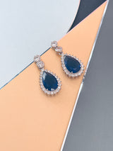ANTOINETTE - 16" Sapphire Blue CZ Teardrop Dangle Necklace With Matching Drop Earrings In Silver - JohnnyB Jewelry