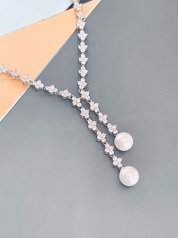 CARISSA - 16" Beautiful CZ Necklace With Two Drop Pearls And Matching Drop Earrings In Silver - JohnnyB Jewelry