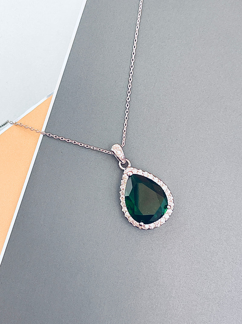 TRISTA - Simple But Elegant Emerald Green Teardrop With CZ Setting Pendant Necklace In Silver - JohnnyB Jewelry