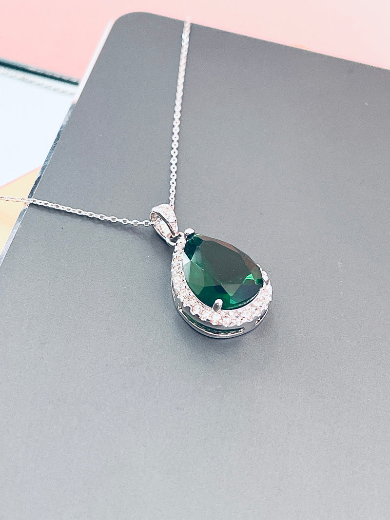 TRISTA - Simple But Elegant Emerald Green Teardrop With CZ Setting Pendant Necklace In Silver - JohnnyB Jewelry