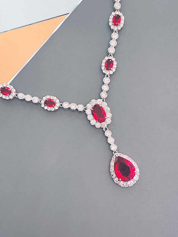 GISELLE - 16.5" Red Oval CZ Necklace With Teardrop Pendant And Matching Earrings In Silver - JohnnyB Jewelry