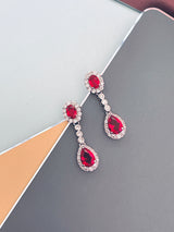 GISELLE - 16.5" Red Oval CZ Necklace With Teardrop Pendant And Matching Earrings In Silver - JohnnyB Jewelry