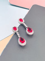 GISELLE - 16.5" Red Oval CZ Necklace With Teardrop Pendant And Matching Earrings In Silver - JohnnyB Jewelry