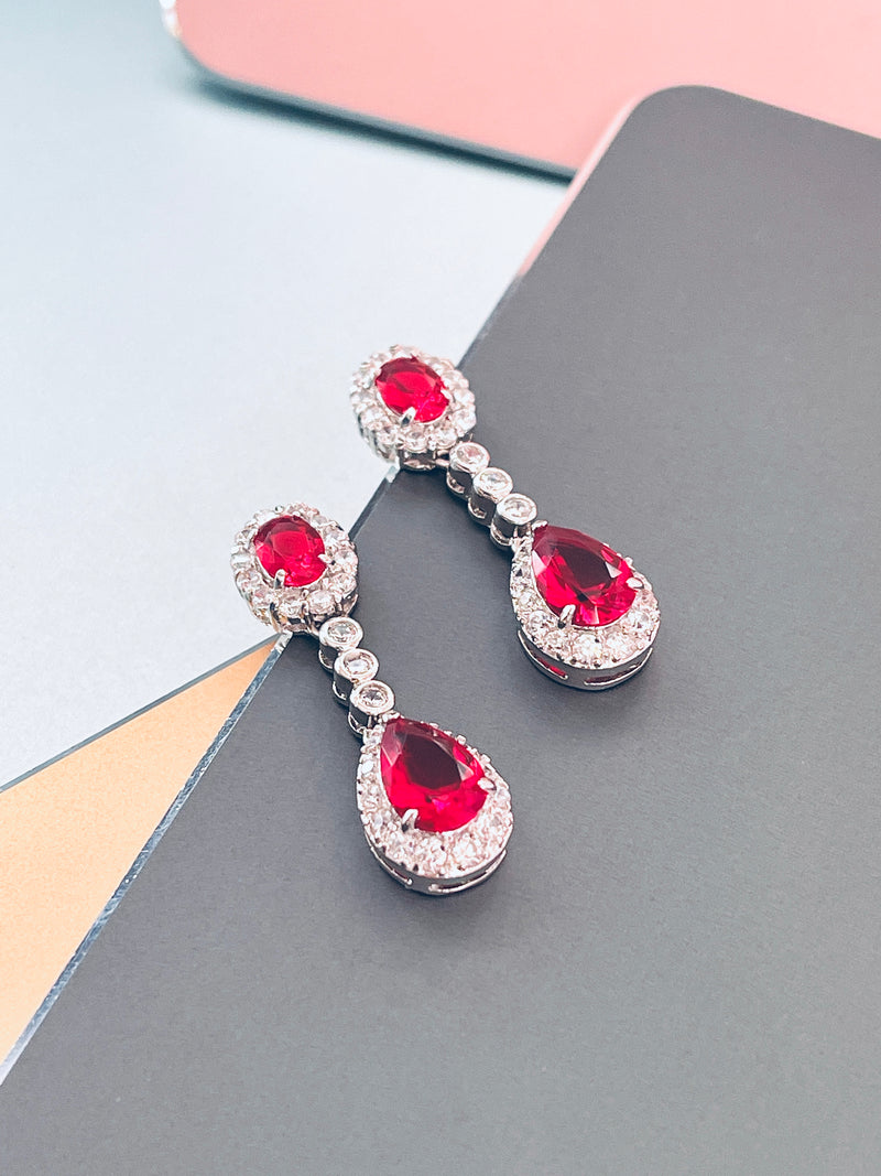 GISELLE - 16.5" Red Oval CZ Necklace With Teardrop Pendant And Matching Earrings In Silver - JohnnyB Jewelry