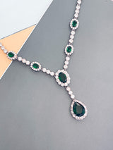 GISELLE - 16.5" Emerald Green Oval CZ Necklace With Teardrop Pendant And Matching Earrings In Silver - JohnnyB Jewelry