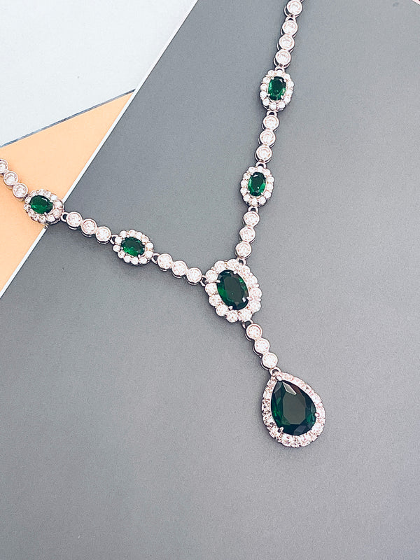 GISELLE - 16.5" Emerald Green Oval CZ Necklace With Teardrop Pendant And Matching Earrings In Silver - JohnnyB Jewelry
