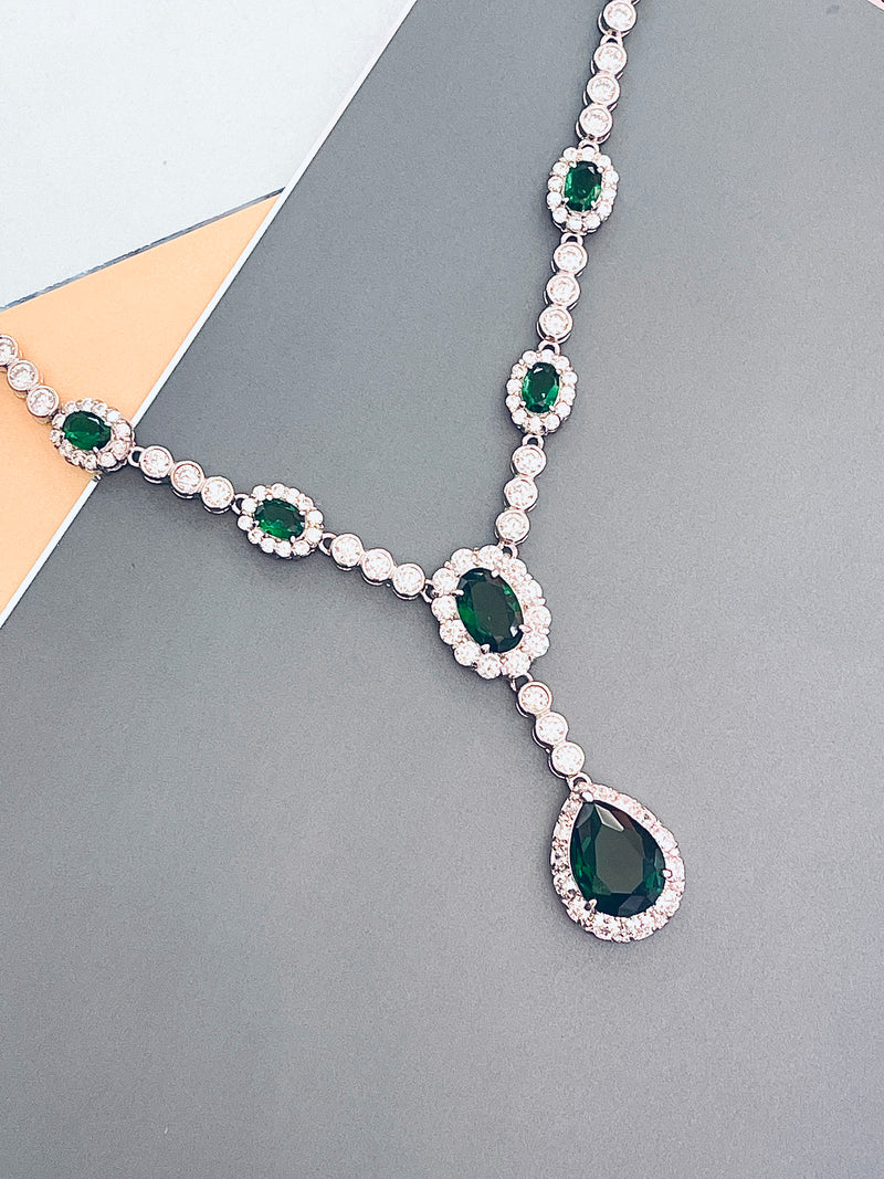 GISELLE - 16.5" Emerald Green Oval CZ Necklace With Teardrop Pendant And Matching Earrings In Silver - JohnnyB Jewelry