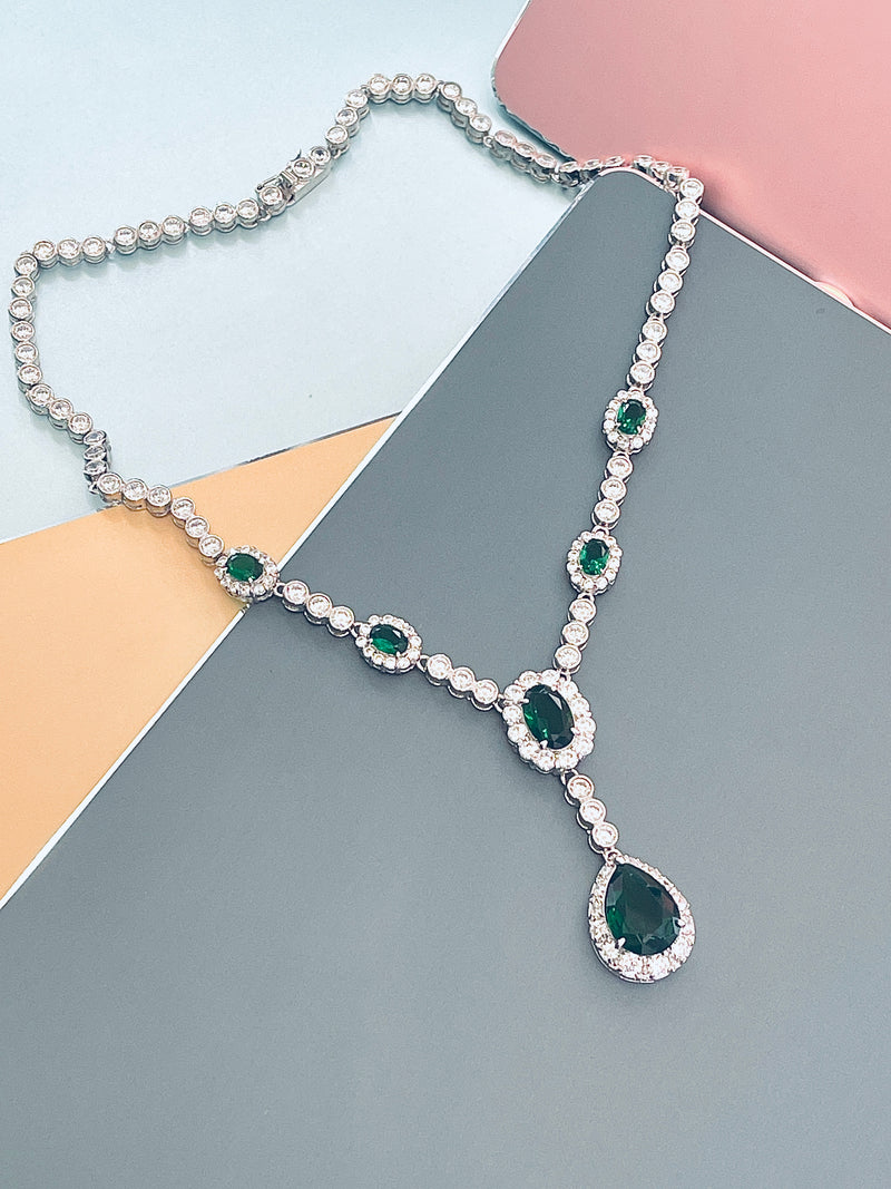 GISELLE - 16.5" Emerald Green Oval CZ Necklace With Teardrop Pendant And Matching Earrings In Silver - JohnnyB Jewelry