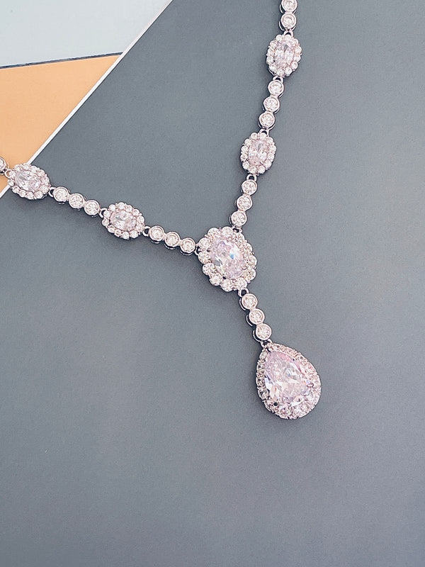 GISELLE - 16.5" Oval CZ Necklace With Teardrop Pendant And Matching Earrings In Silver - JohnnyB Jewelry