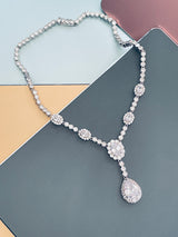 GISELLE - 16.5" Oval CZ Necklace With Teardrop Pendant And Matching Earrings In Silver - JohnnyB Jewelry