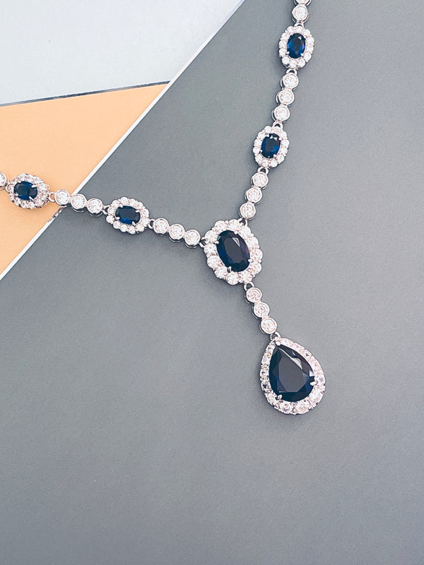 GISELLE - 16.5" Sapphire Blue Oval CZ Necklace With Teardrop Pendant And Matching Earrings In Silver - JohnnyB Jewelry