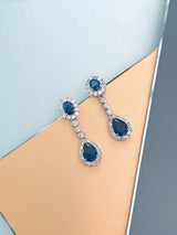 GISELLE - 16.5" Sapphire Blue Oval CZ Necklace With Teardrop Pendant And Matching Earrings In Silver - JohnnyB Jewelry