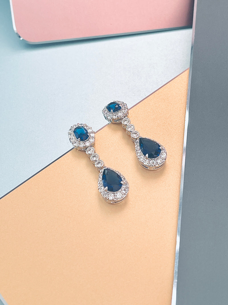 GISELLE - 16.5" Sapphire Blue Oval CZ Necklace With Teardrop Pendant And Matching Earrings In Silver - JohnnyB Jewelry