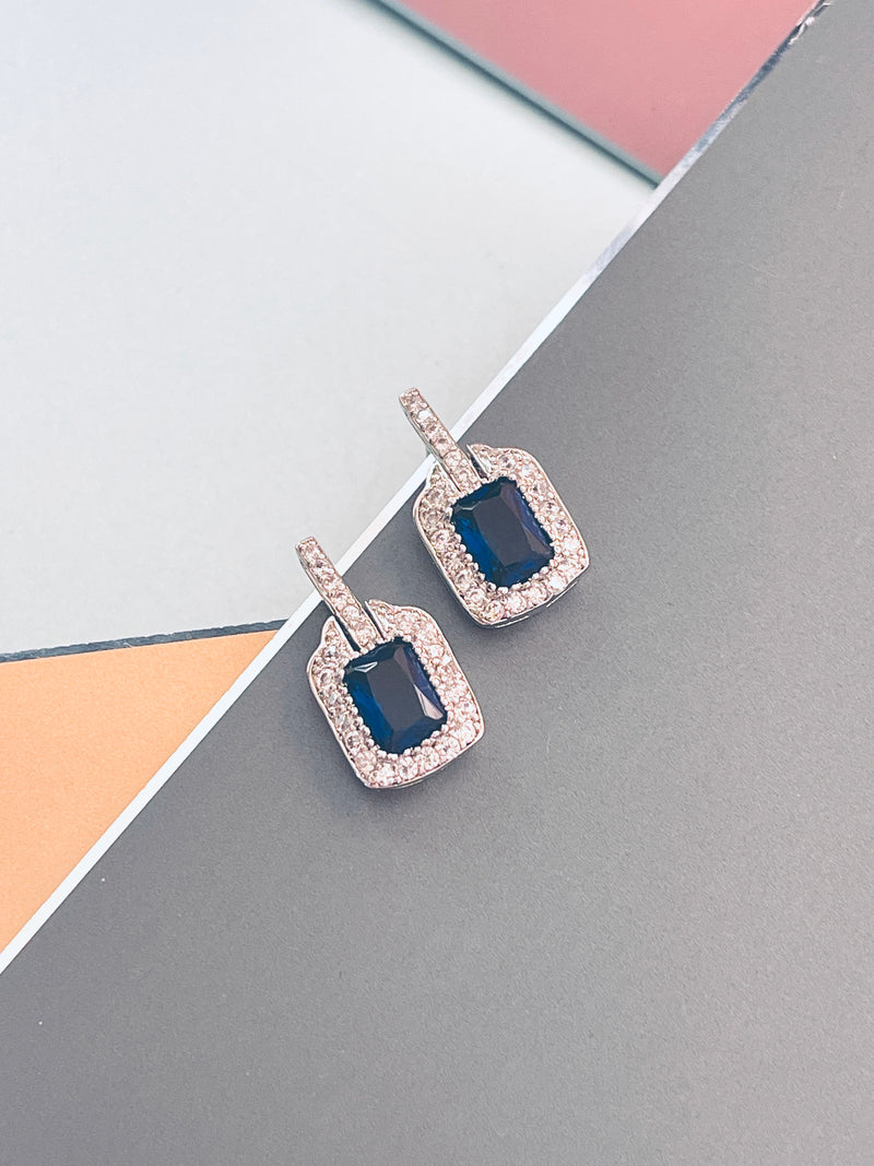 ILIANA - 16" Square Sapphire Blue CZ And Matching Stud Earrings In Silver