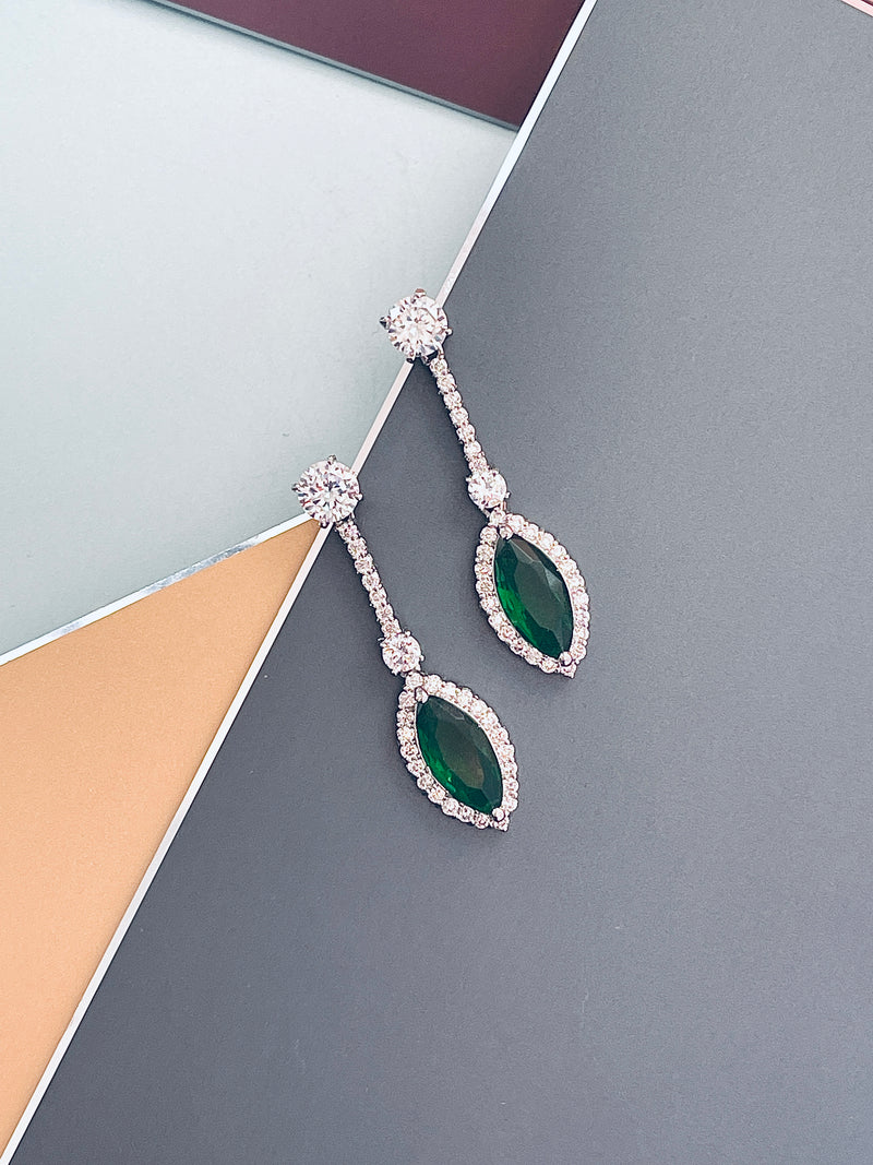 KINSLEY - Emerald Green Marquise-Shaped CZ And Matching Drop Earrings In Silver - JohnnyB Jewelry