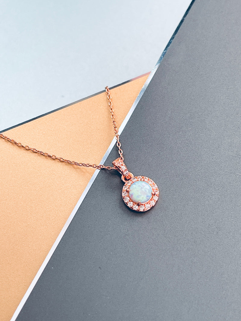 LILY - Delicate CZ-Surrounded Opal Pendant In Rose Gold - JohnnyB Jewelry