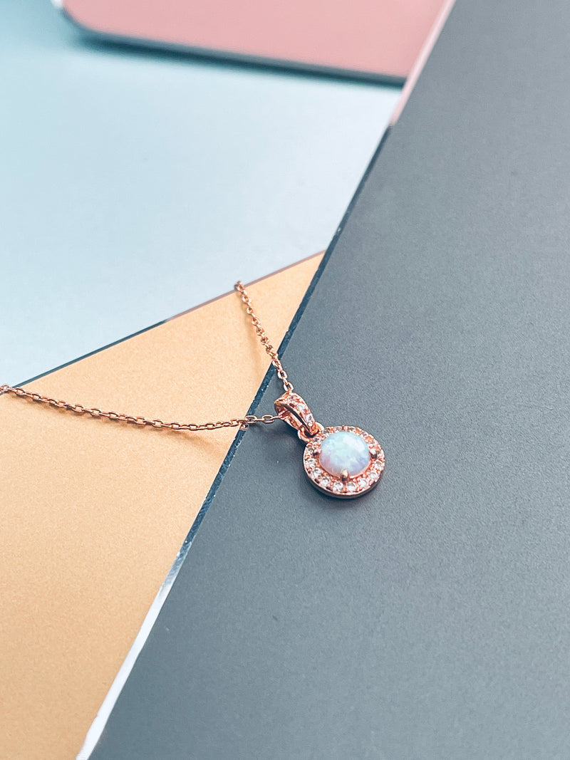 LILY - Delicate CZ-Surrounded Opal Pendant In Rose Gold - JohnnyB Jewelry