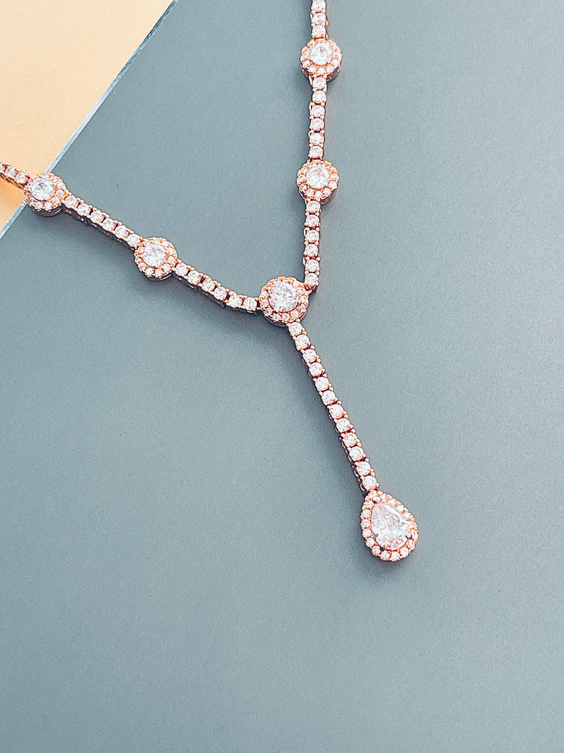 MELODY - Elegant CZ With Teardrop Stones Necklace In Rose Gold