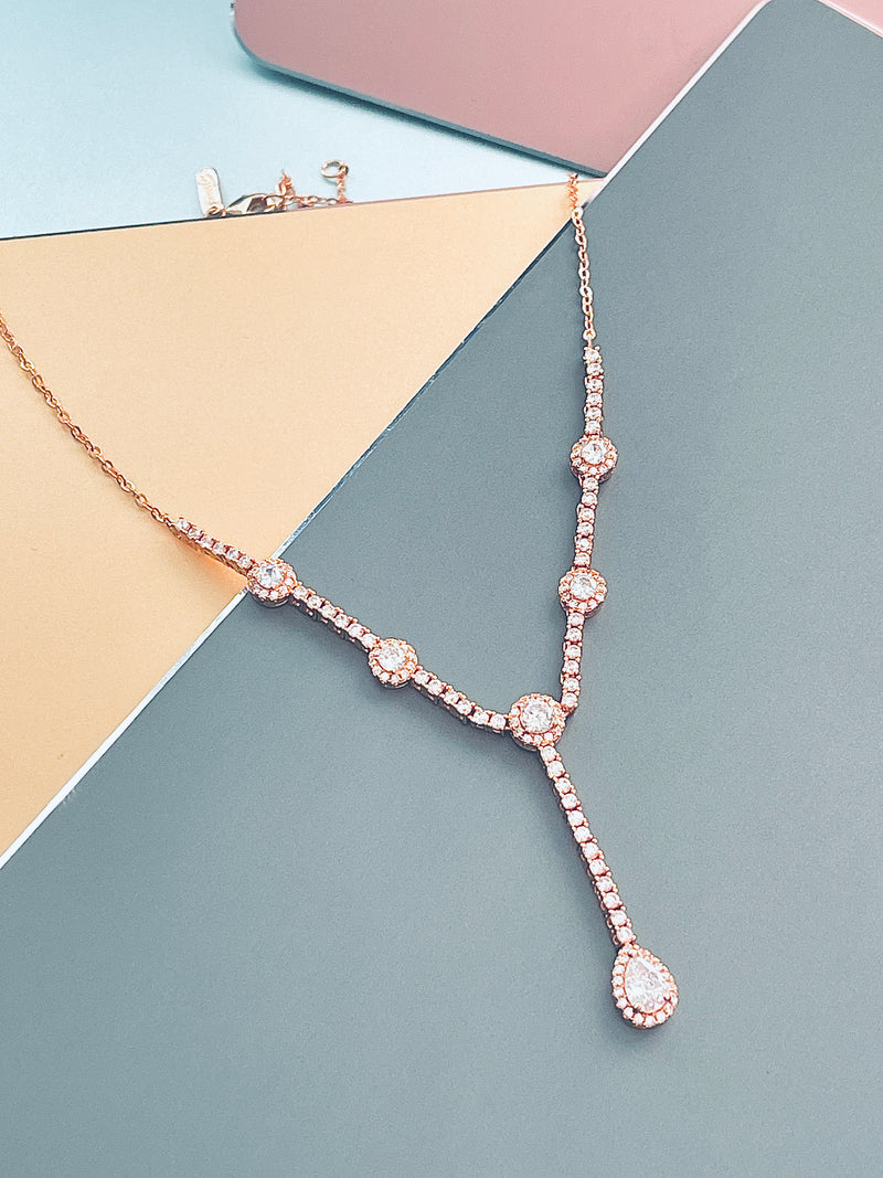 MELODY - Elegant CZ With Teardrop Stones Necklace In Rose Gold