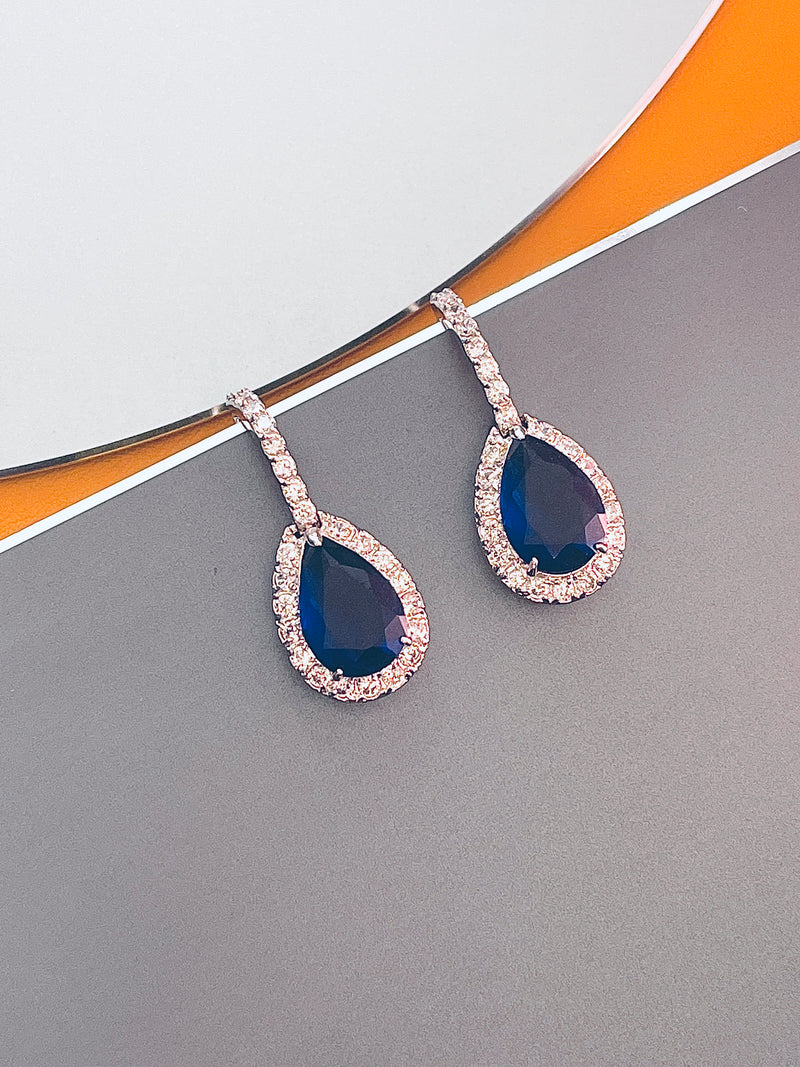 NATASHA - Refined Teardrop Sapphire Blue Stone With Matching Drop Earrings In Silver - JohnnyB Jewelry