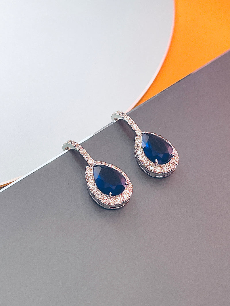 NATASHA - Refined Teardrop Sapphire Blue Stone With Matching Drop Earrings In Silver - JohnnyB Jewelry