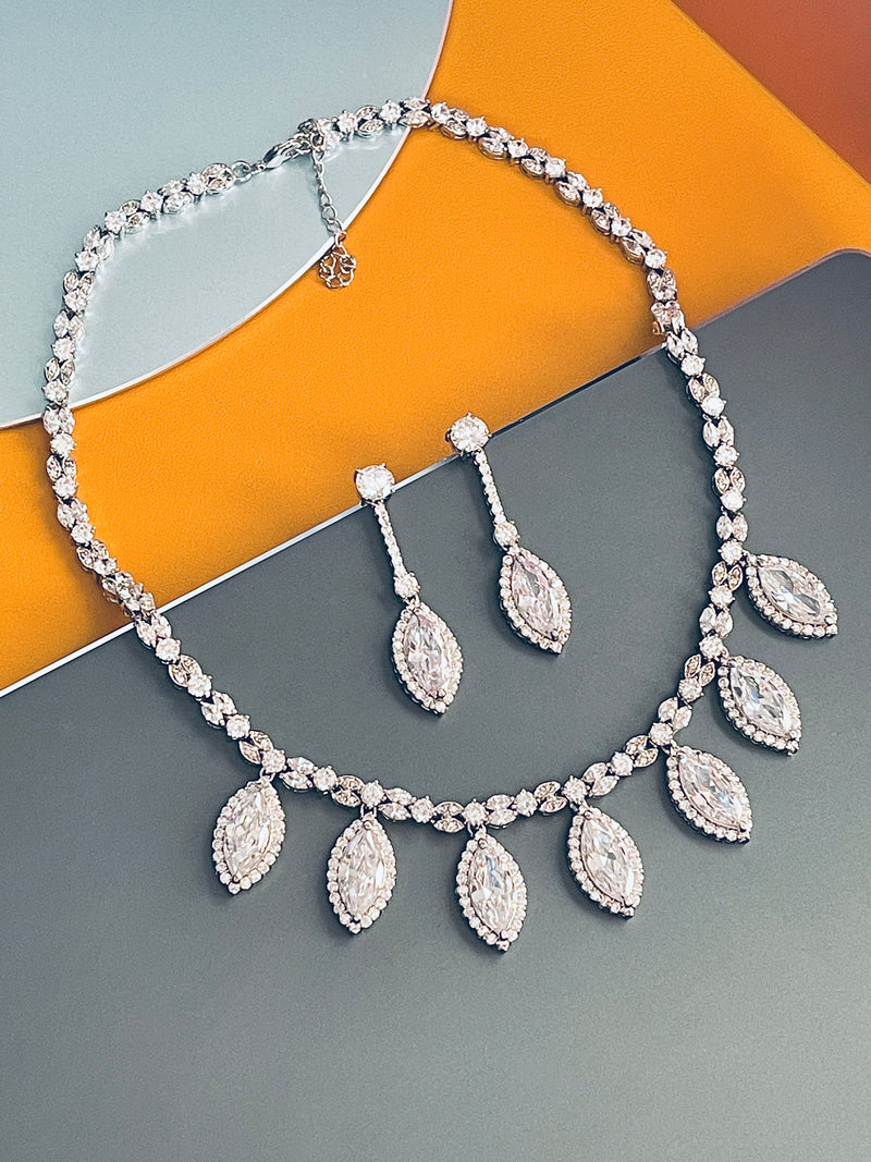 KINSLEY - Clear Marquise-Shaped CZ Necklace And Matching Drop Earrings In Silver