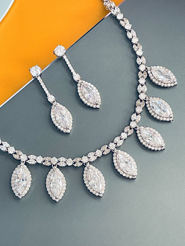 KINSLEY - Clear Marquise-Shaped CZ Necklace And Matching Drop Earrings In Silver