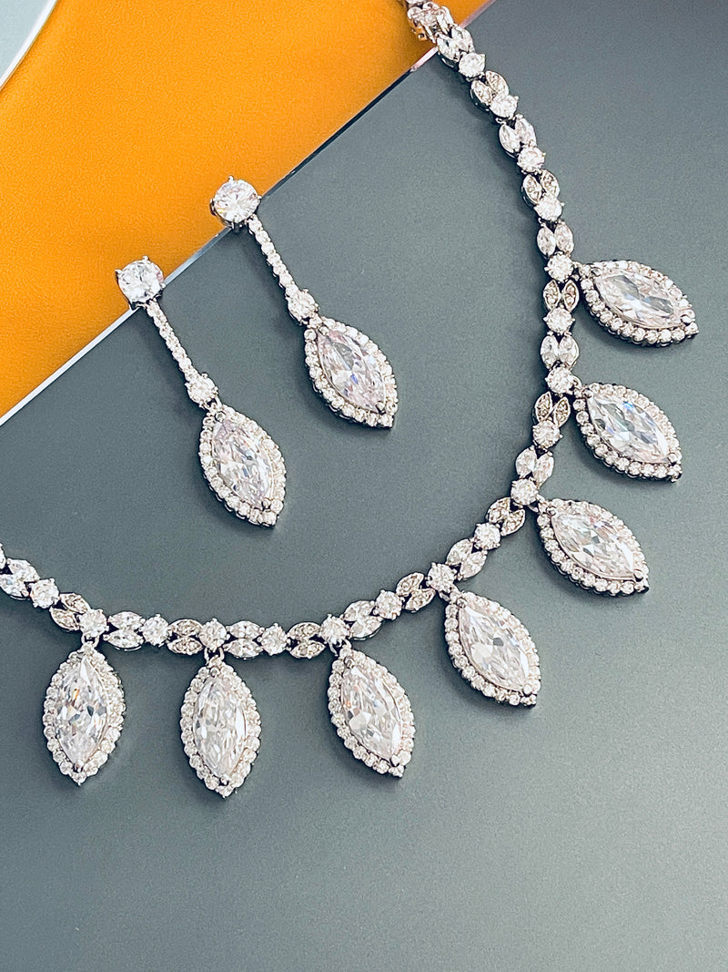 KINSLEY - Clear Marquise-Shaped CZ Necklace And Matching Drop Earrings In Silver