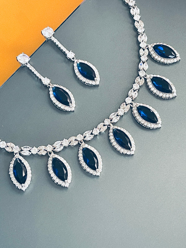 KINSLEY - Sapphire Blue Marquise-Shaped CZ And Matching Drop Earrings In Silver - JohnnyB Jewelry
