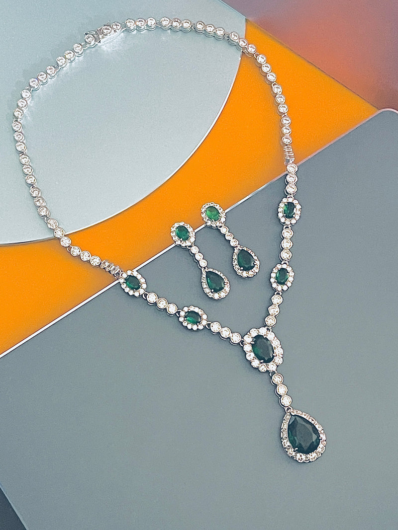 GISELLE - 16.5" Emerald Green Oval CZ Necklace With Teardrop Pendant And Matching Earrings In Silver - JohnnyB Jewelry
