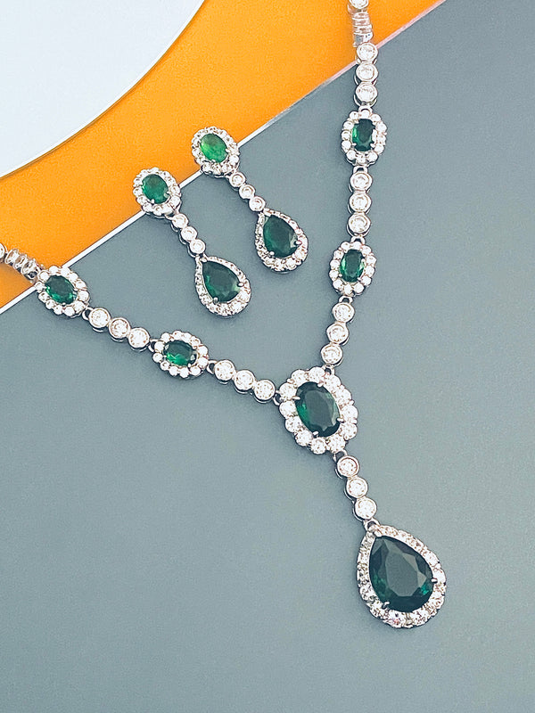 GISELLE - 16.5" Emerald Green Oval CZ Necklace With Teardrop Pendant And Matching Earrings In Silver - JohnnyB Jewelry