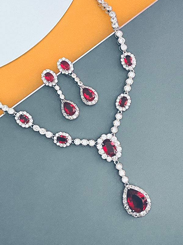 GISELLE - 16.5" Red Oval CZ Necklace With Teardrop Pendant And Matching Earrings In Silver - JohnnyB Jewelry