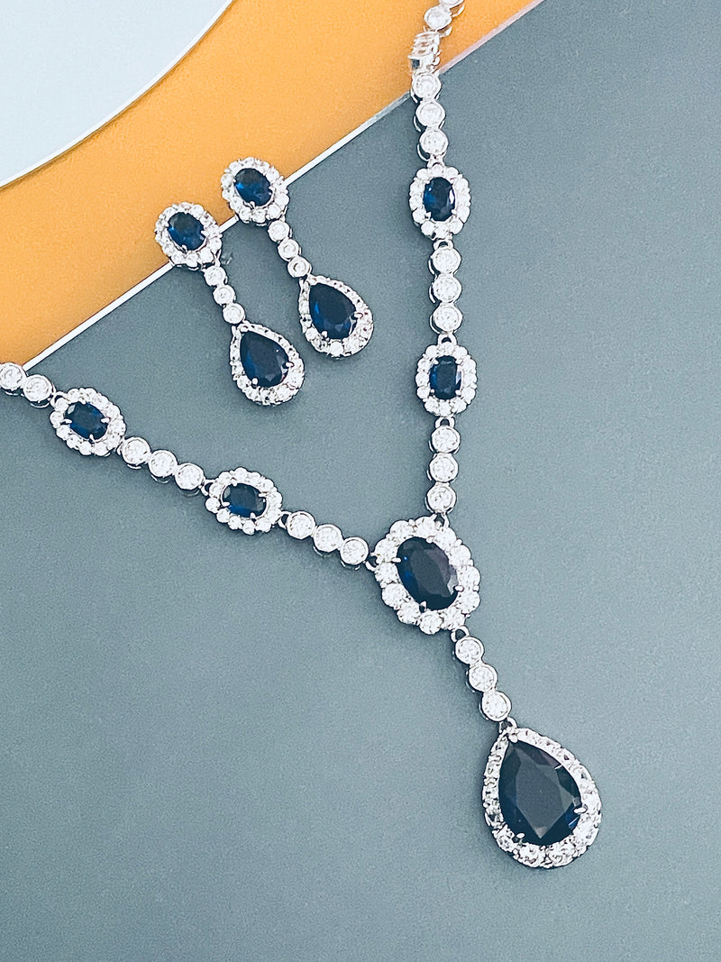 GISELLE - 16.5" Sapphire Blue Oval CZ Necklace With Teardrop Pendant And Matching Earrings In Silver - JohnnyB Jewelry