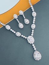 GISELLE - 16.5" Oval CZ Necklace With Teardrop Pendant And Matching Earrings In Silver - JohnnyB Jewelry