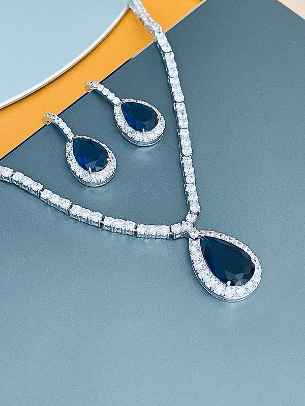 NATASHA - Refined Teardrop Sapphire Blue Stone With Matching Drop Earrings In Silver - JohnnyB Jewelry