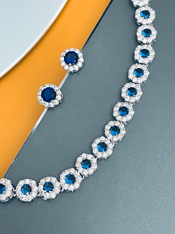 CONSTANCE - 16.5" Sapphire Blue Chic Choker-Style Necklace With Matching Stud Earrings In Silver